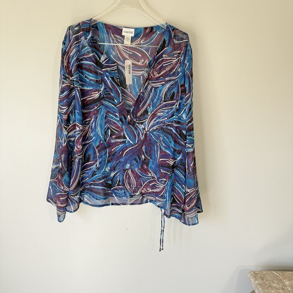 Chicos Silk Sheer Lightweight Top Blouse Long Sleeve Sz 2 US L Purple Swirls NEW